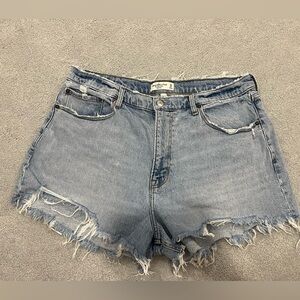 A&F curve love high waisted denim shorts with raw hem, size 33- lightly worn